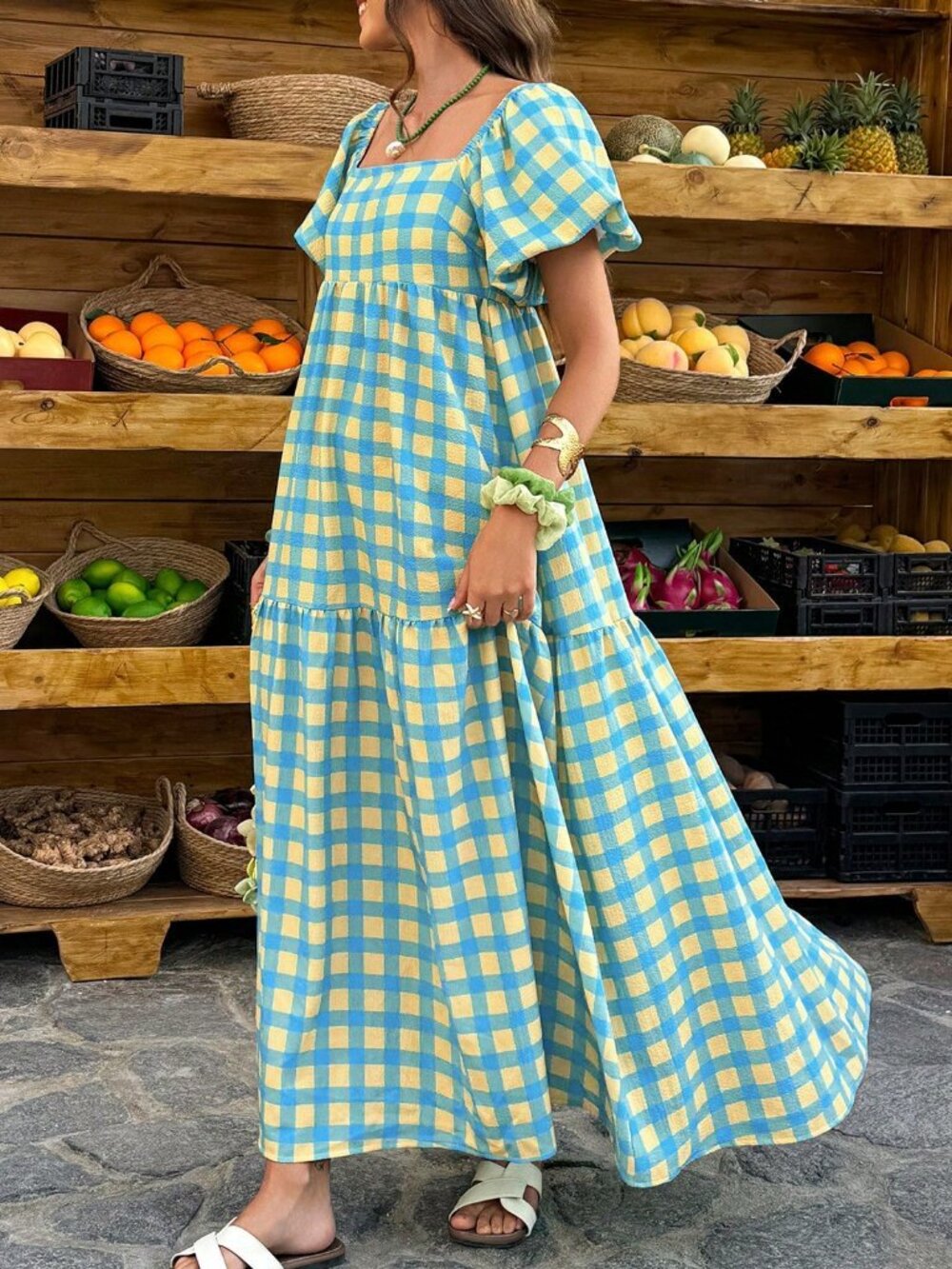 Multicolor Boho Women's Plaid Square Neck Puff Sleeve Maxi Dress
